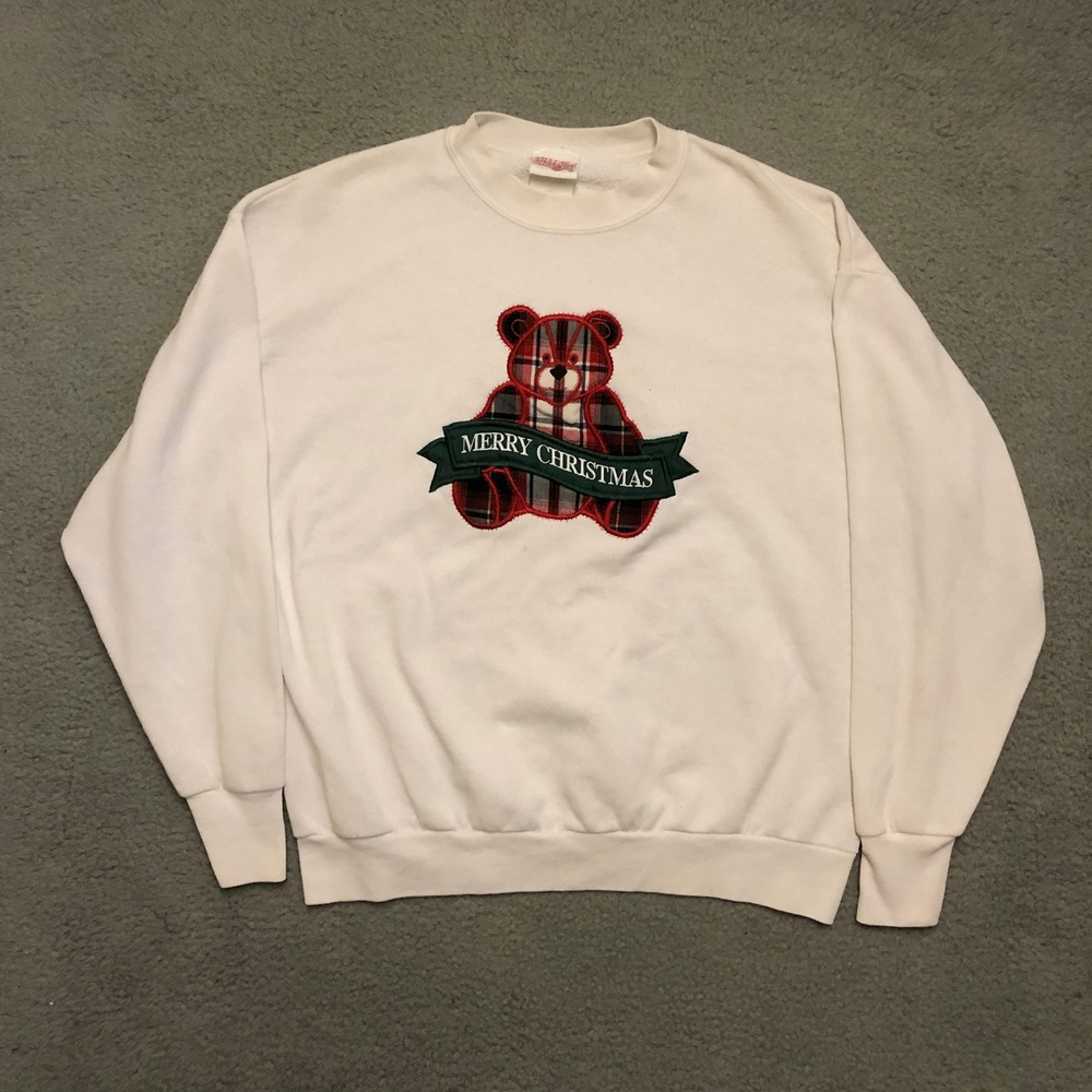 Vtg Holiday Time Christmas Sweatshirt Plaid Teddy Bear White Crewneck Large